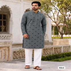 Men’s Chikankari Schiffli Work Long Kurta Pyjama Set